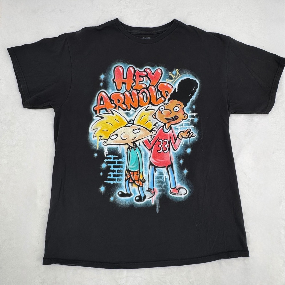 Nickelodeon Hey Arnold T-Shirt Size Large Black Airbrush Graphic Tee 90s Cartoon
